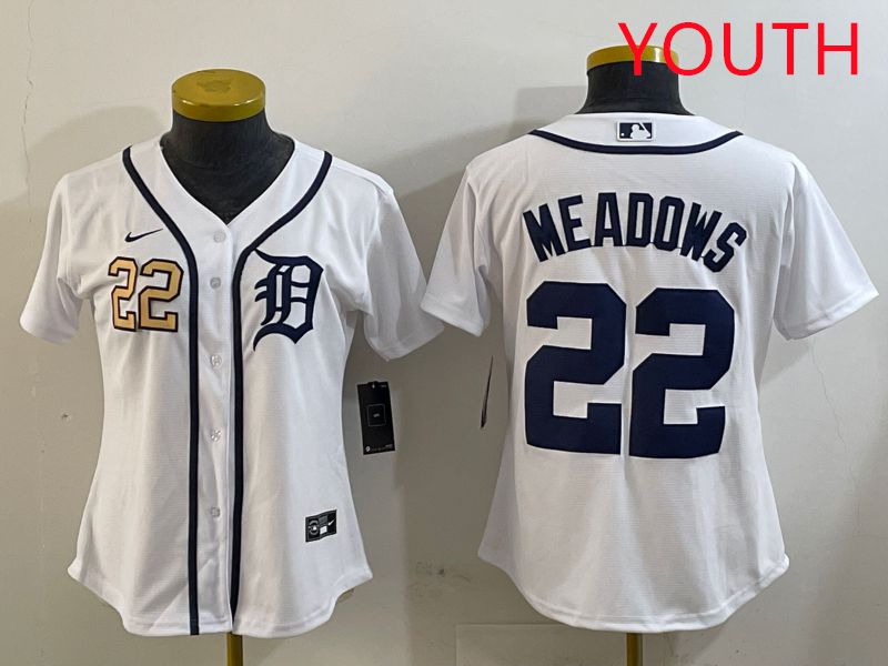 Youth Detroit Tigers #22 Meadows White Game 2025 Nike MLB Jersey style 1->youth mlb jersey->Youth Jersey